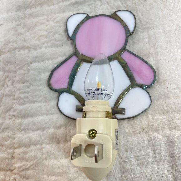 VintageTeddy Bear Stained Glass Night Light  Plug-In  Kids Room Decor  Pink & Wh - Picture 6 of 8